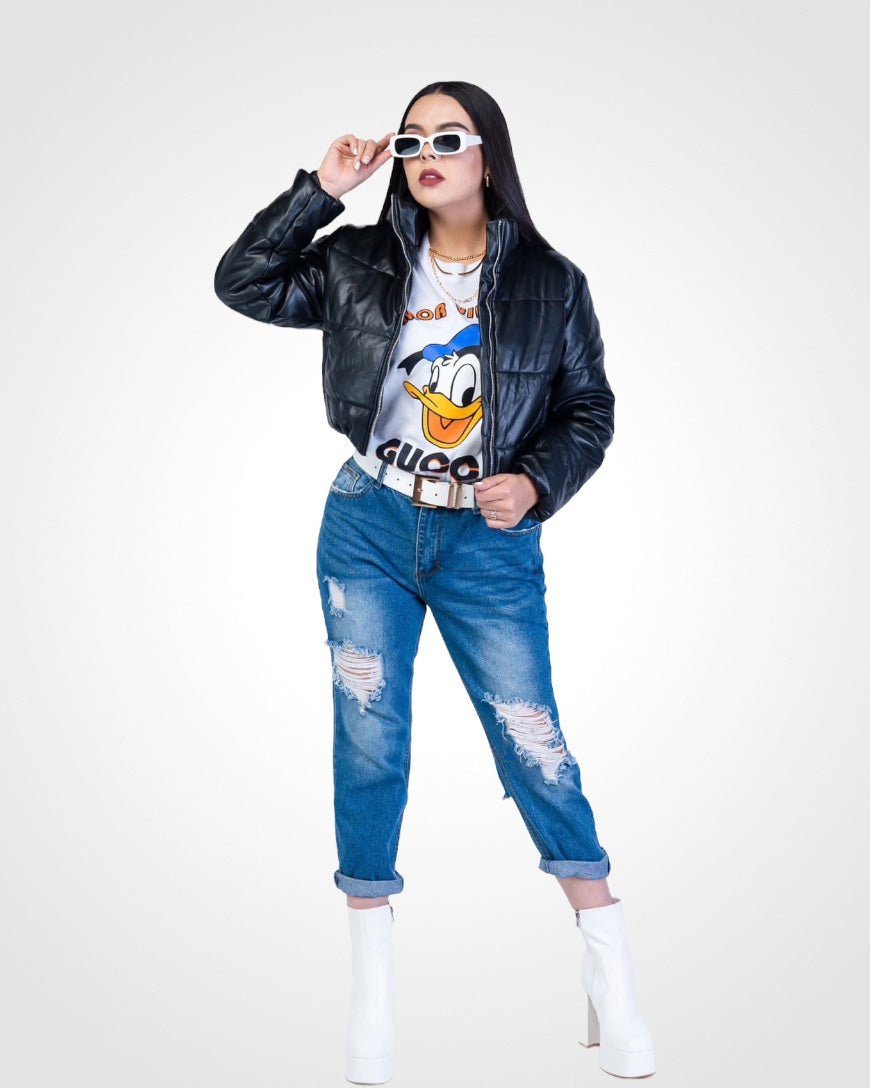 Chamarra acolchada corta efecto piel