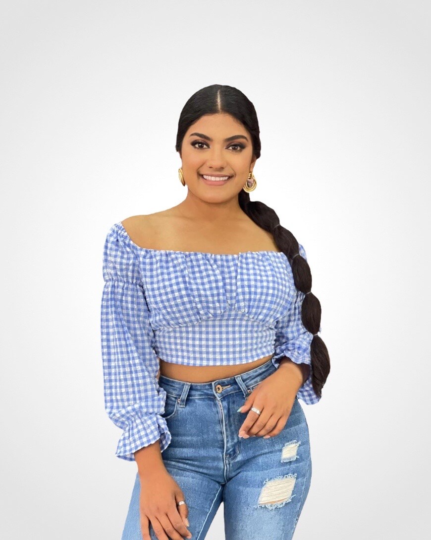 Top smocked de cuadros manga larga