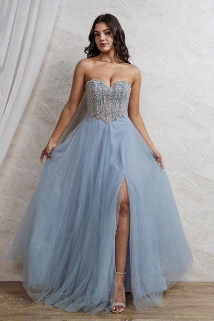 Vestido Largo Strapless Corte Princesa con pedrería